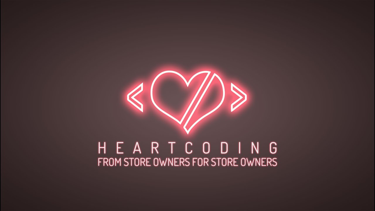 Neon pink heart symbol with coding brackets on dark background, text reads