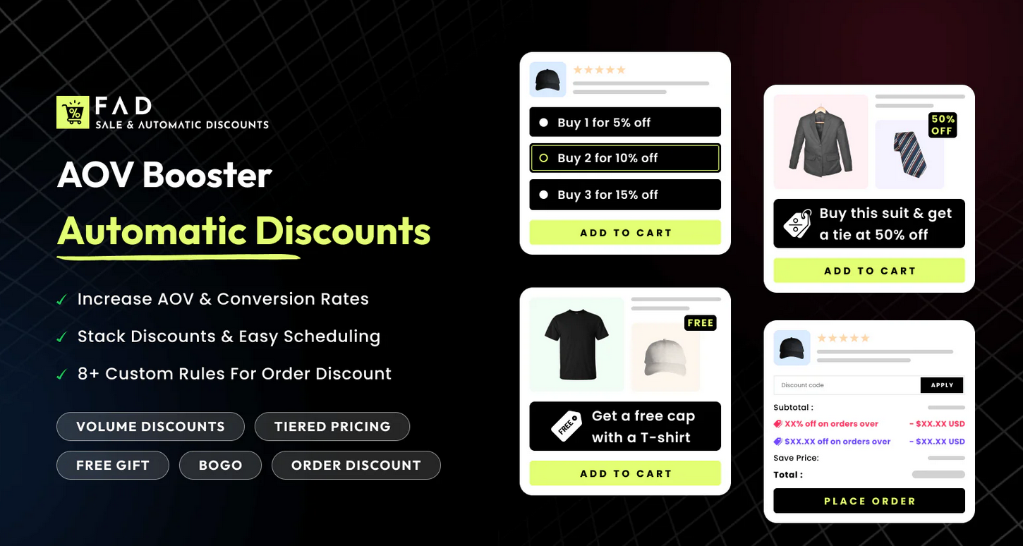 FAD app interface showing automatic discount options including tiered pricing, free gifts, and volume discounts with example