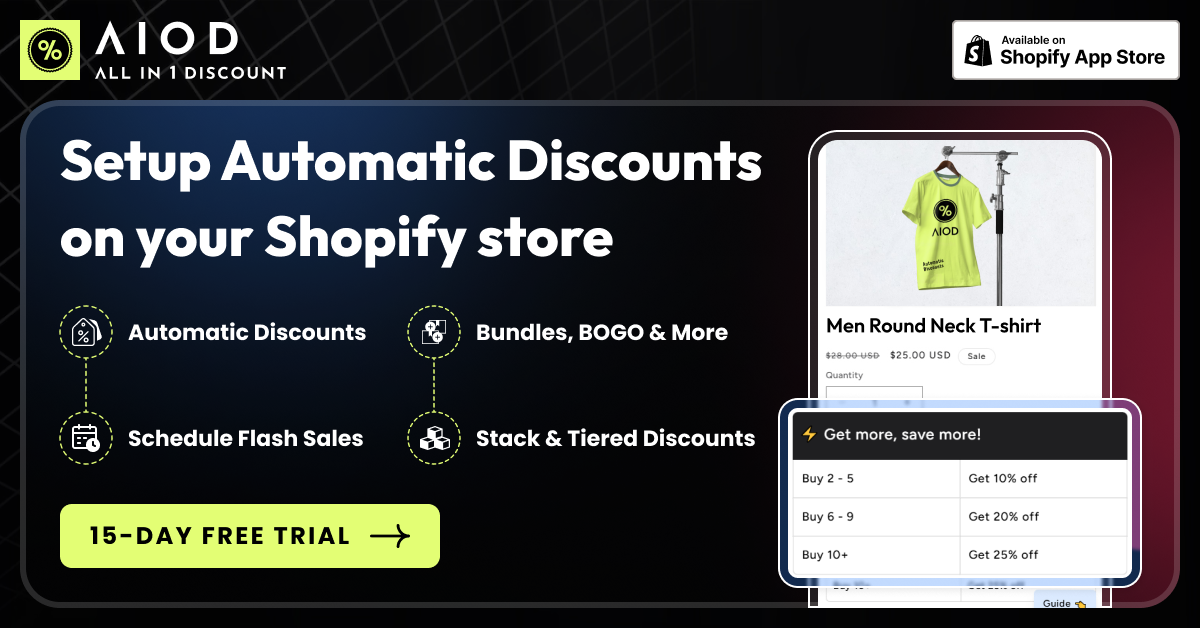 AIOD app interface showing automatic discount setup features for Shopify stores with tiered pricing example on a t-shirt prod