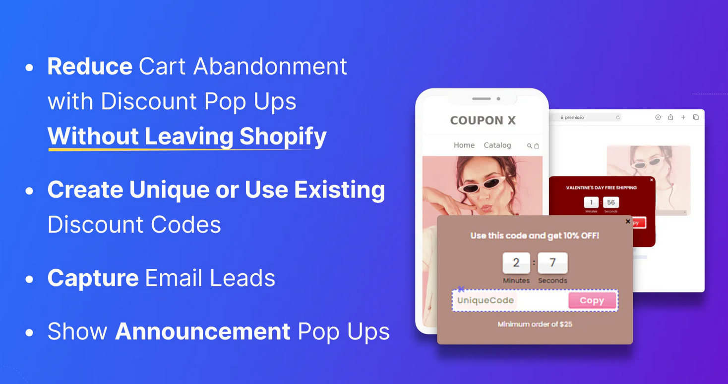 Shopify discount pop-up preview showing countdown timer, unique coupon code, and copy button on mobile and desktop screens