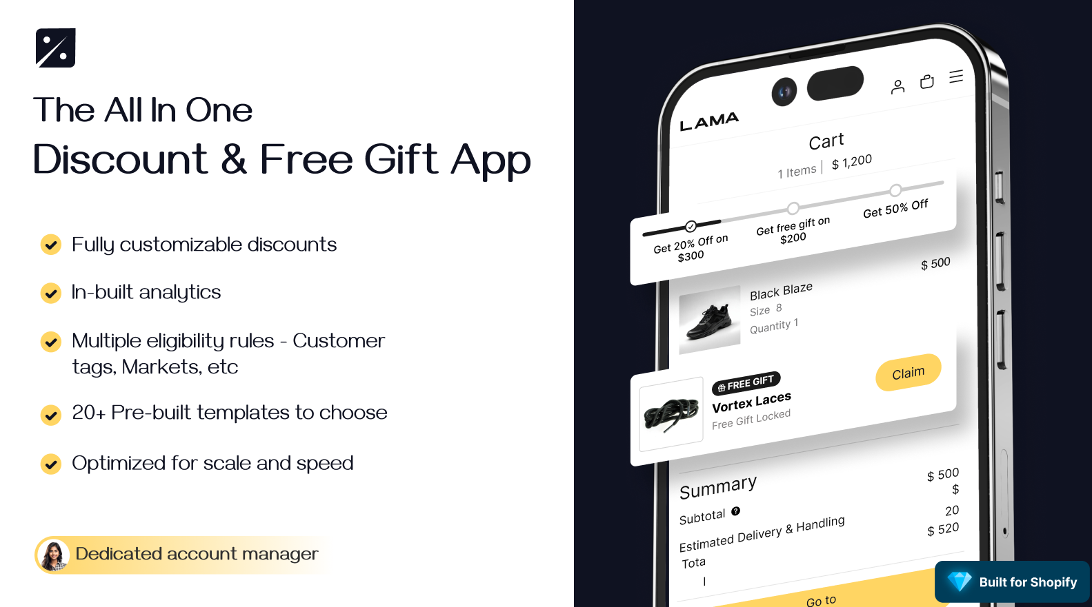 Mobile app interface showing LAMA discount app features with shopping cart displaying tiered discount offers and free gift pr