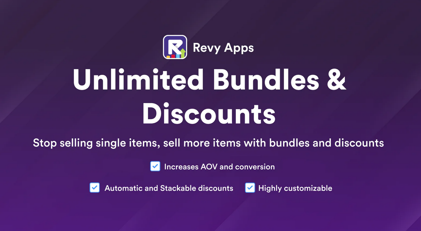 Revy Apps promotional banner featuring purple background with text about unlimited bundles and discounts, showing customizati