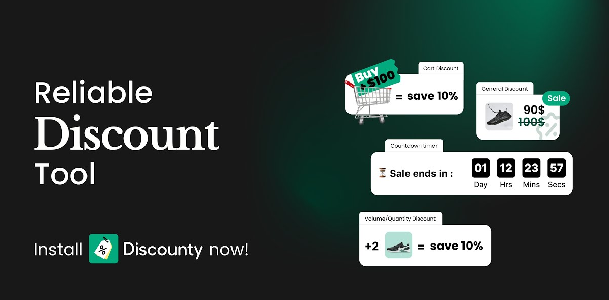 Discounty app interface showing various discount types: cart discount for buying $100 saves 10%, countdown timer, general dis